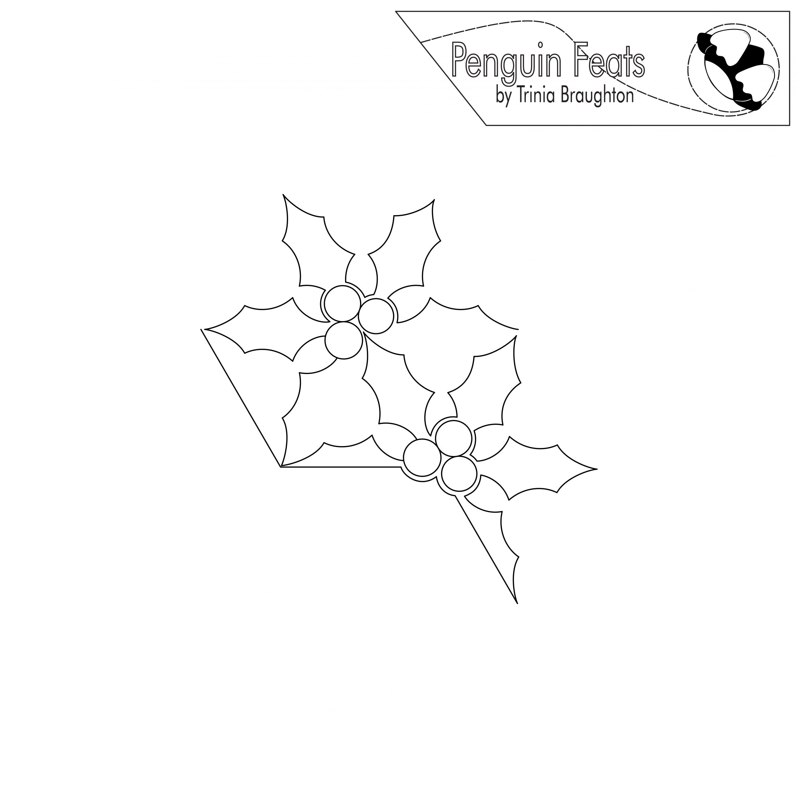 Outline of a holly leaf with berries on a white background, featuring the 'Penguin Feats' logo.