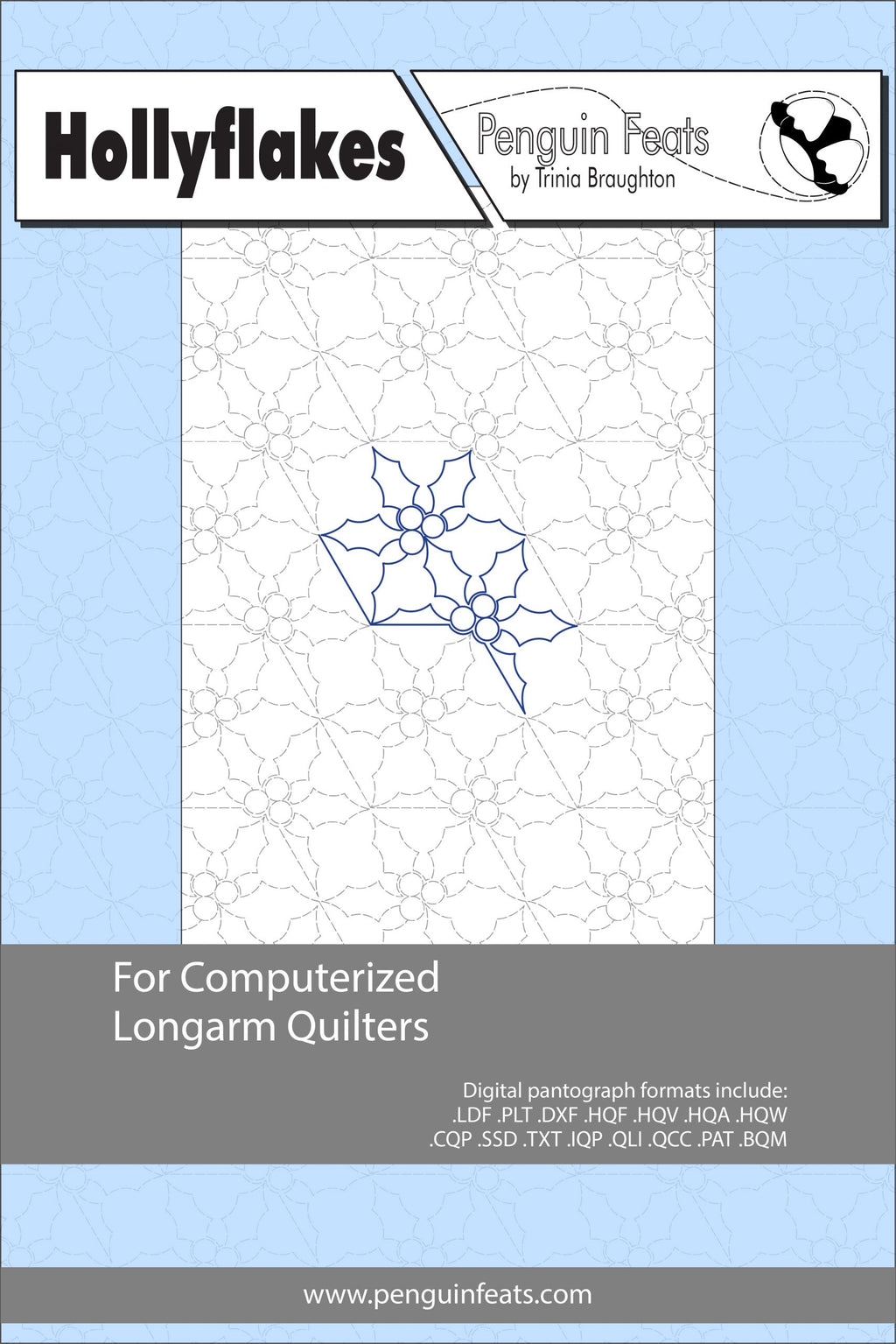 Design sheet for computerized longarm quilters with a blue and gray color scheme.