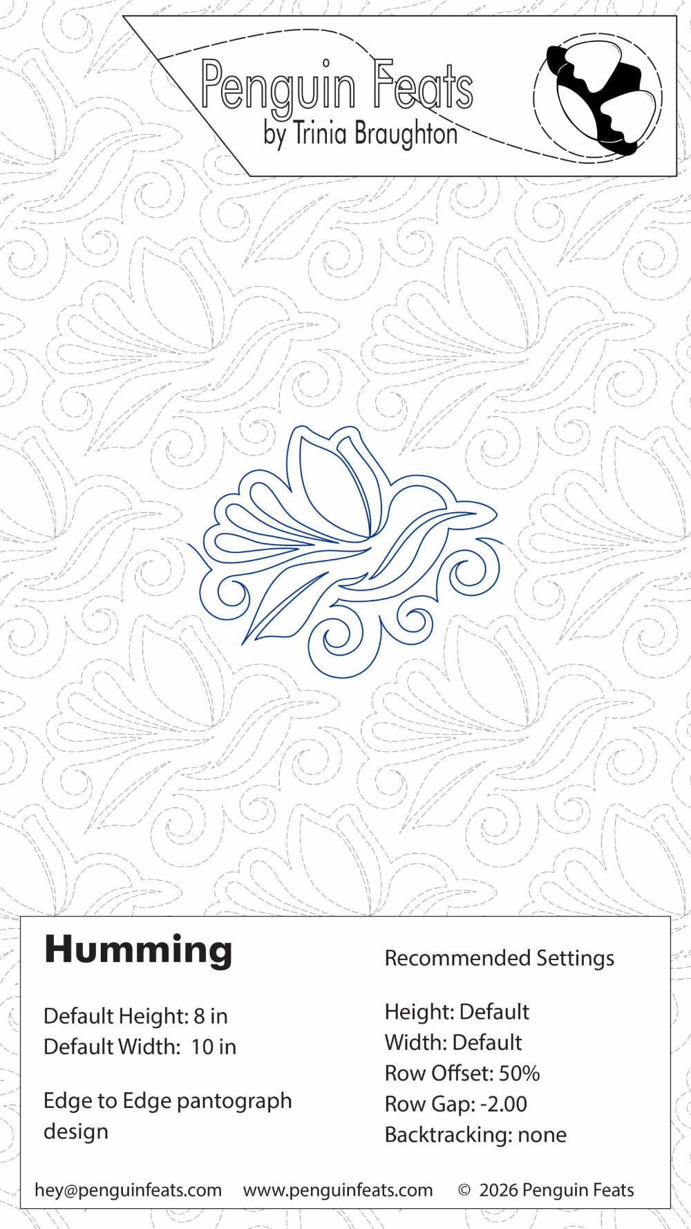 Design card for flying bird continuous line in blue called 'Humming' by Trinia Braughton with decorative elements and branding.