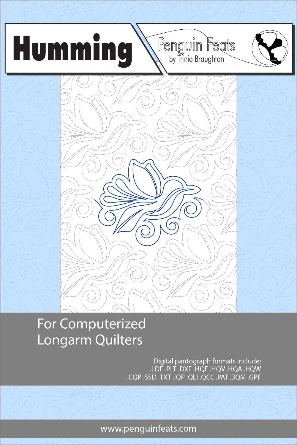 Design for computerized longarm quilters with a blue humming bird on a light blue background