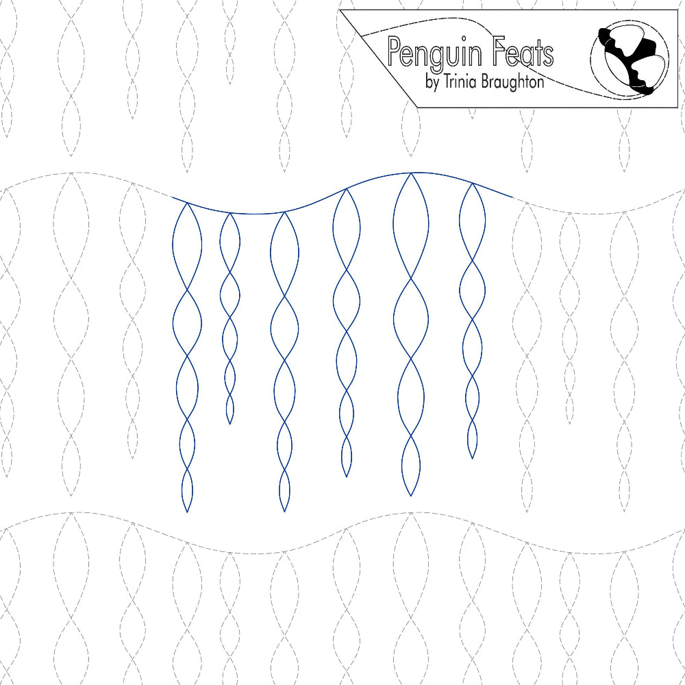 Quilting design with wavy lines on a white background, featuring the brand 'Penguin Feats' by Trinia Braughton.