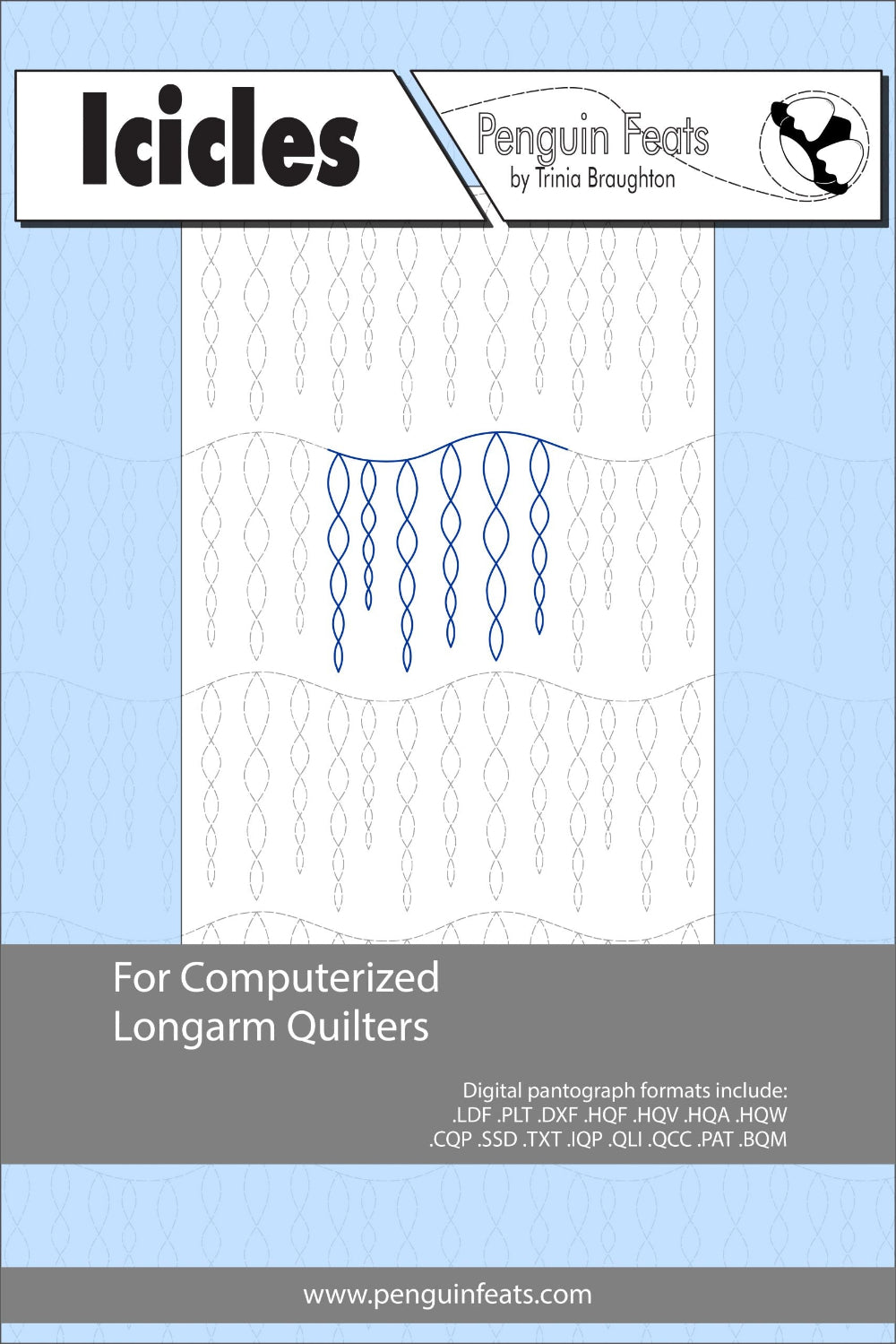 Pattern sheet for 'Icicles' by Penguin Feats with blue and gray design on a light blue background.