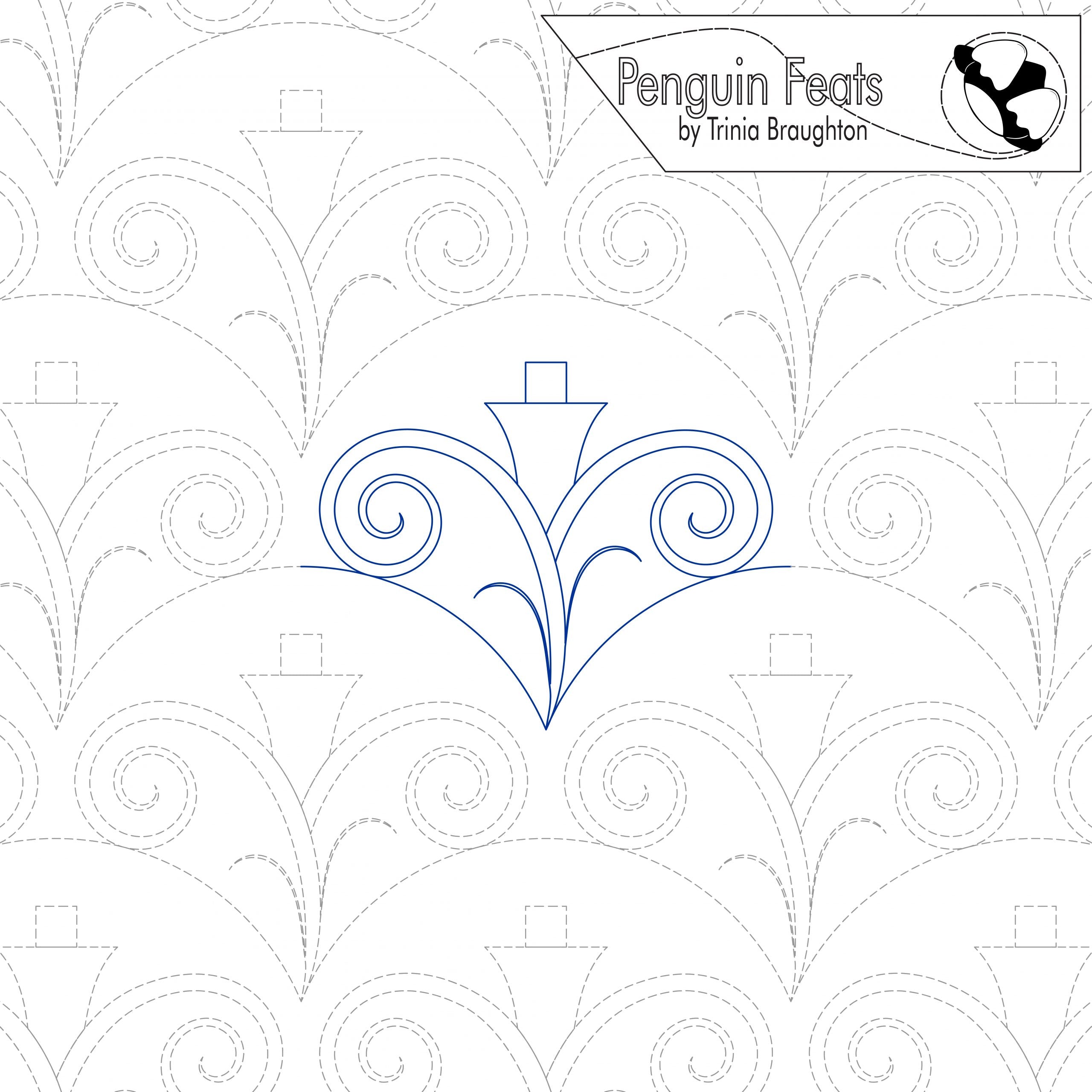 Decorative pattern with a blue floral design on a white background, featuring the brand 'Penguin Feats' by Trinia Braughton.