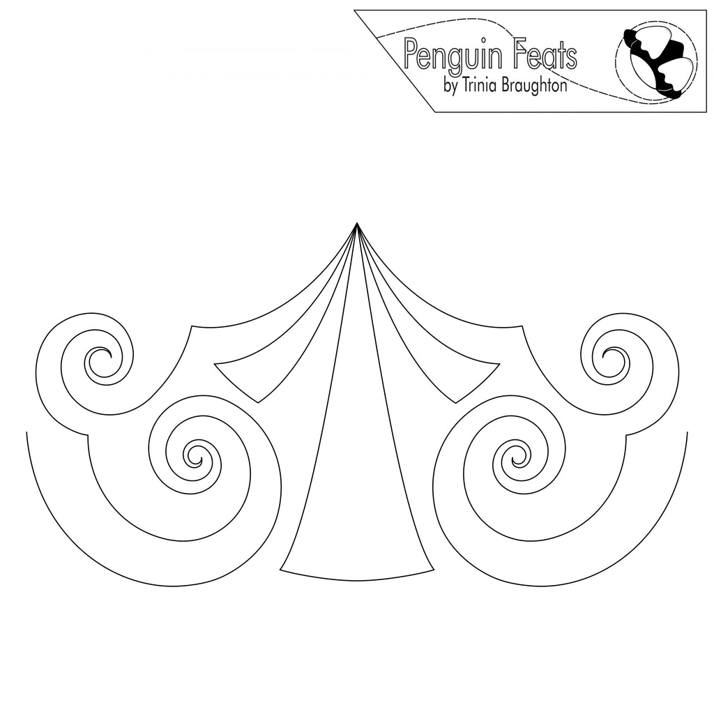 Black and white design of a circus tent with swirling patterns, credited to 'Penguin Feats by Trina Braughton'.