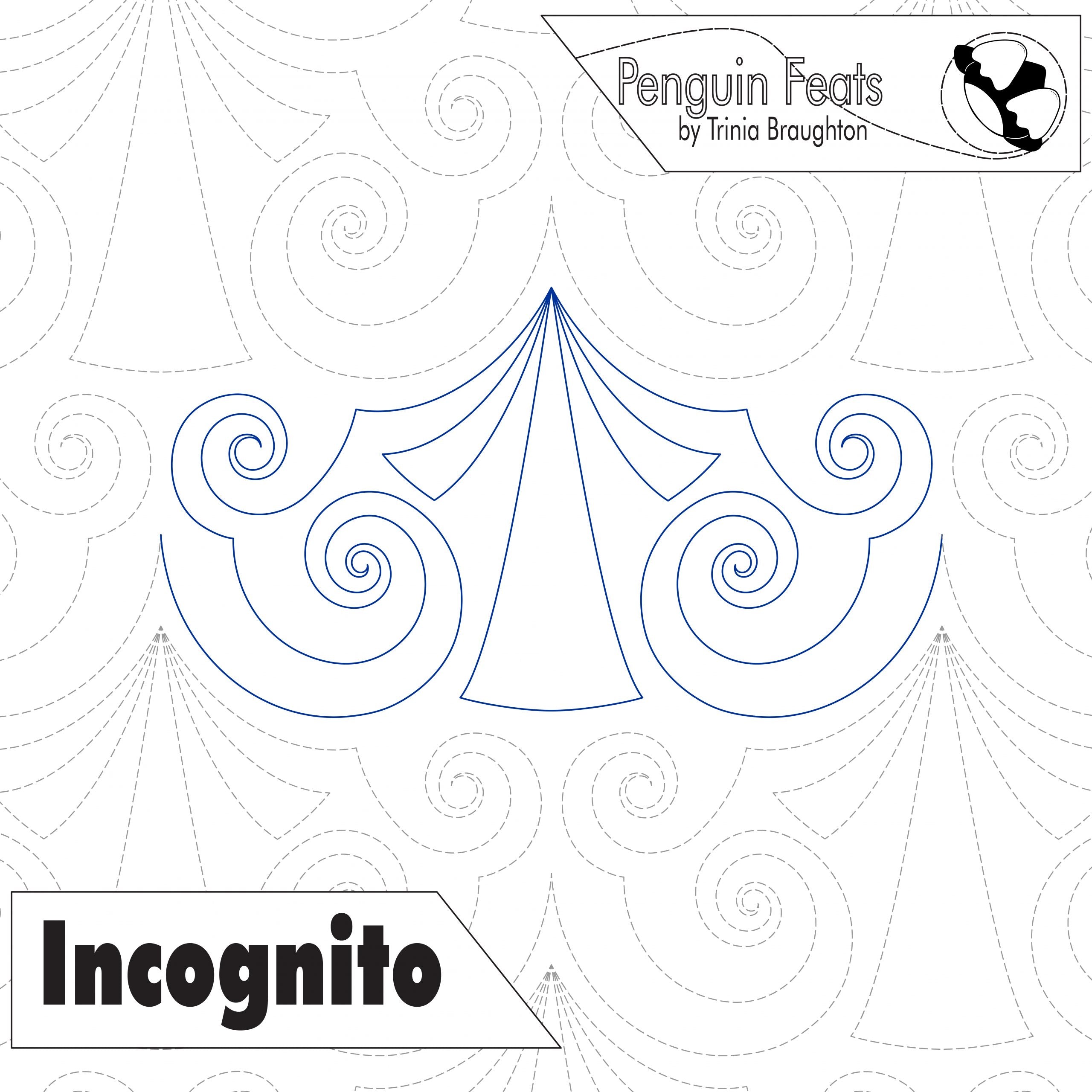 Design with 'Incognito' text and spider web pattern, featuring 'Penguin Feats' by Trinia Braughton.