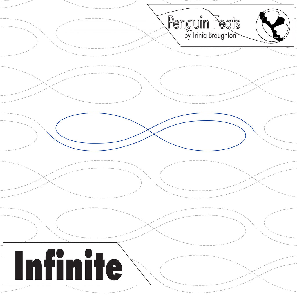 Quilting design with 'Infinite' text and 'Penguin Feats' branding.