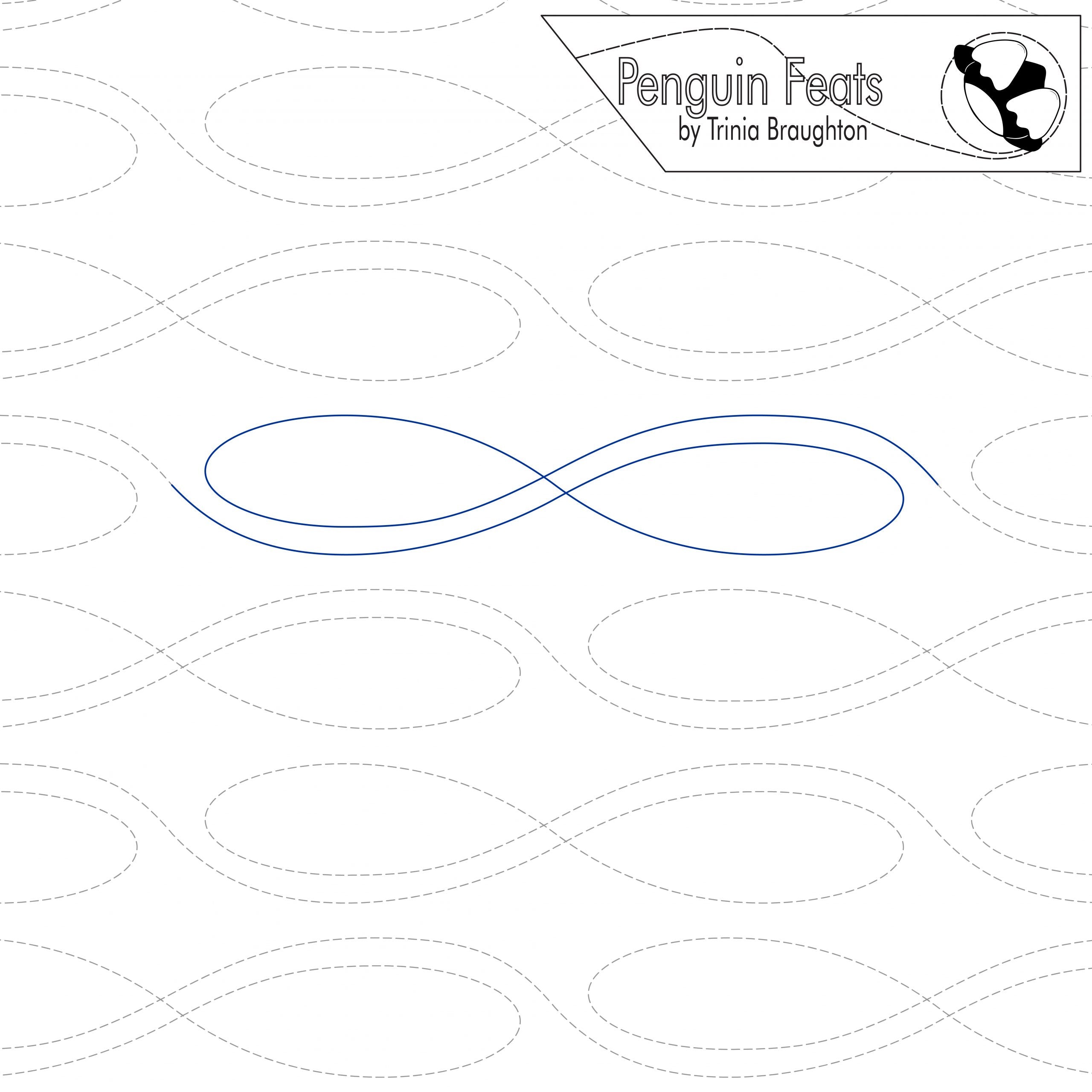 Continuous line design of infinity symbol with wavy lines and 'Penguin Feats' branding.