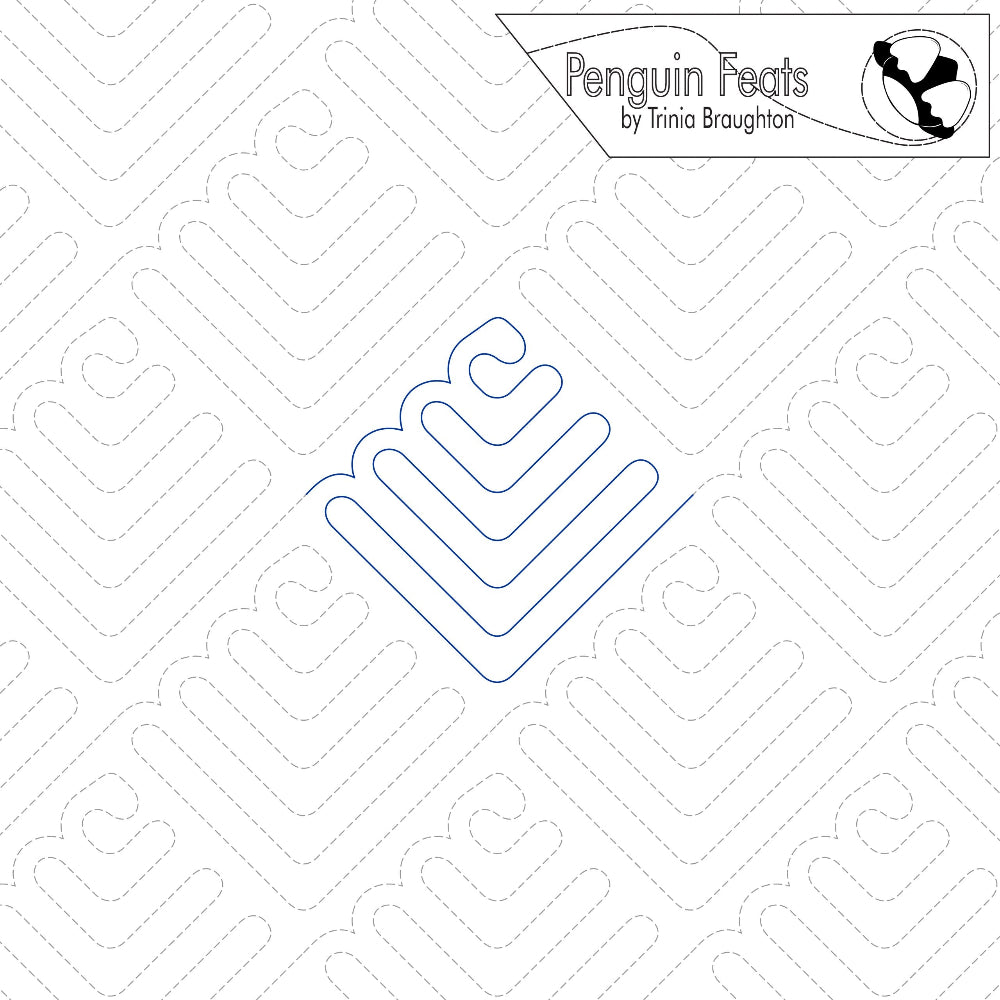Continuous line design with geometric pattern and 'Penguin Feats' branding.