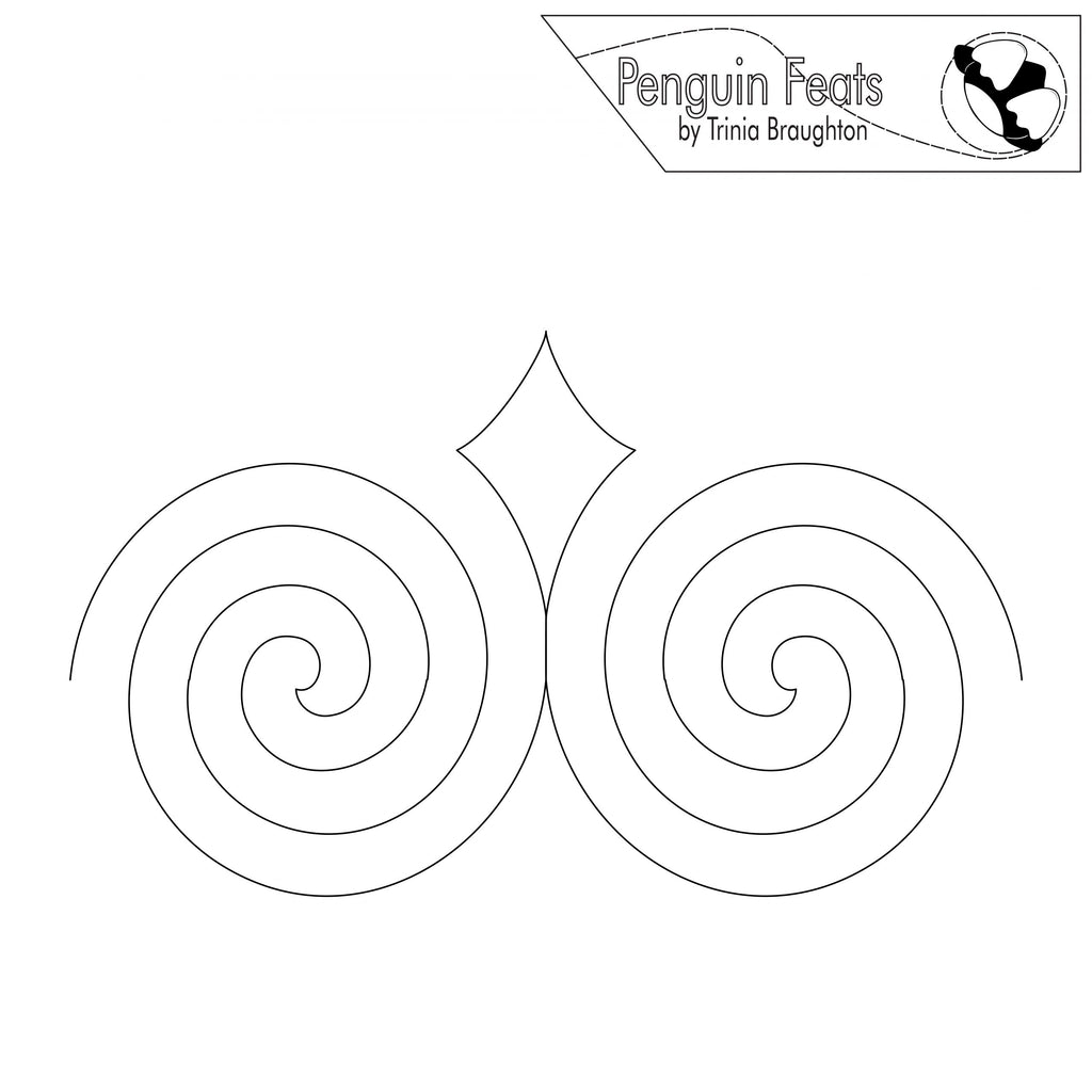 Black and white design with spiral patterns on a white background, featuring the 'Penguin Feats' logo.
