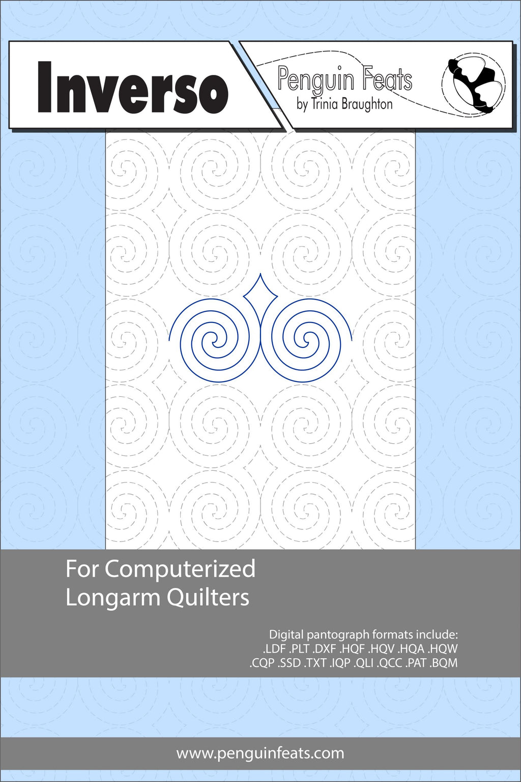 Inverso pattern sheet for computerized longarm quilters with a blue and gray design on a white background.