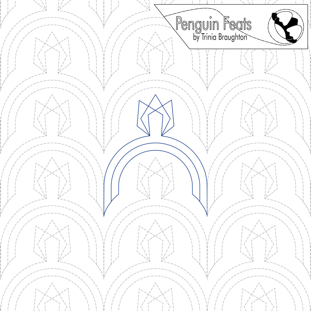 Geometric pattern with a blue design element on a white background, featuring the brand 'Penguin Feats' by Trinia Braughton.