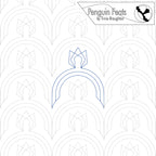 Geometric pattern with a blue design element on a white background, featuring the brand 'Penguin Feats' by Trinia Braughton.