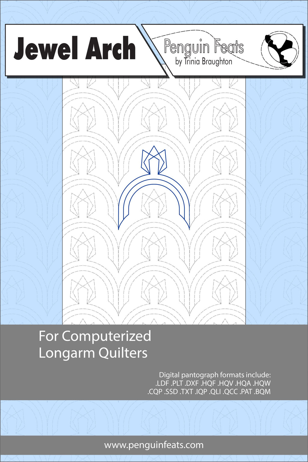 Jewel Arch pattern for computerized longarm quilters with a blue and gray design on a light blue background.