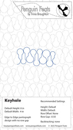 Design sheet for a keyhole with measurement details on a white background, featuring the brand 'Penguin Feats' by Trinia Braughton.