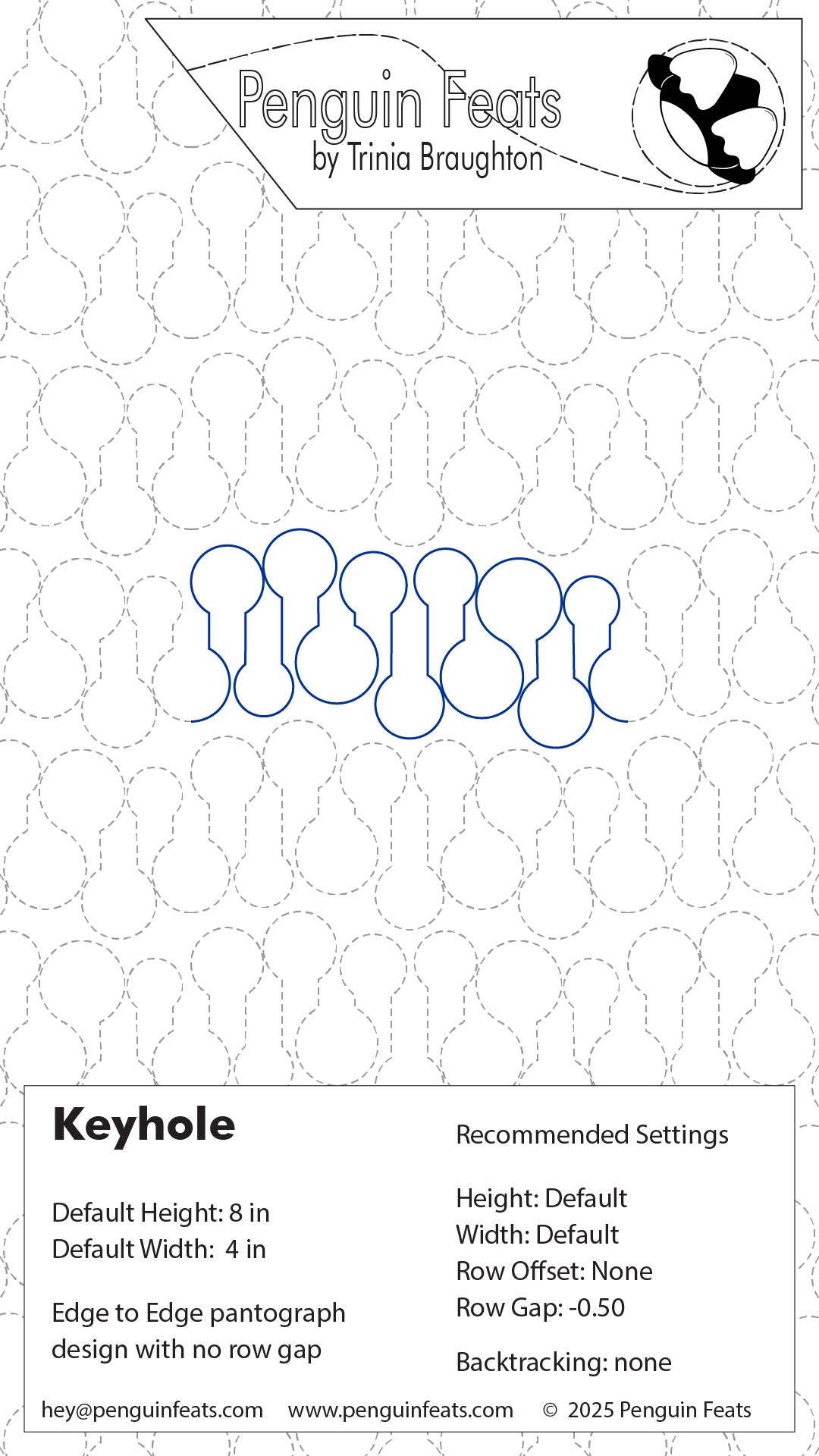 Design sheet for a keyhole with measurement details on a white background, featuring the brand 'Penguin Feats' by Trinia Braughton.