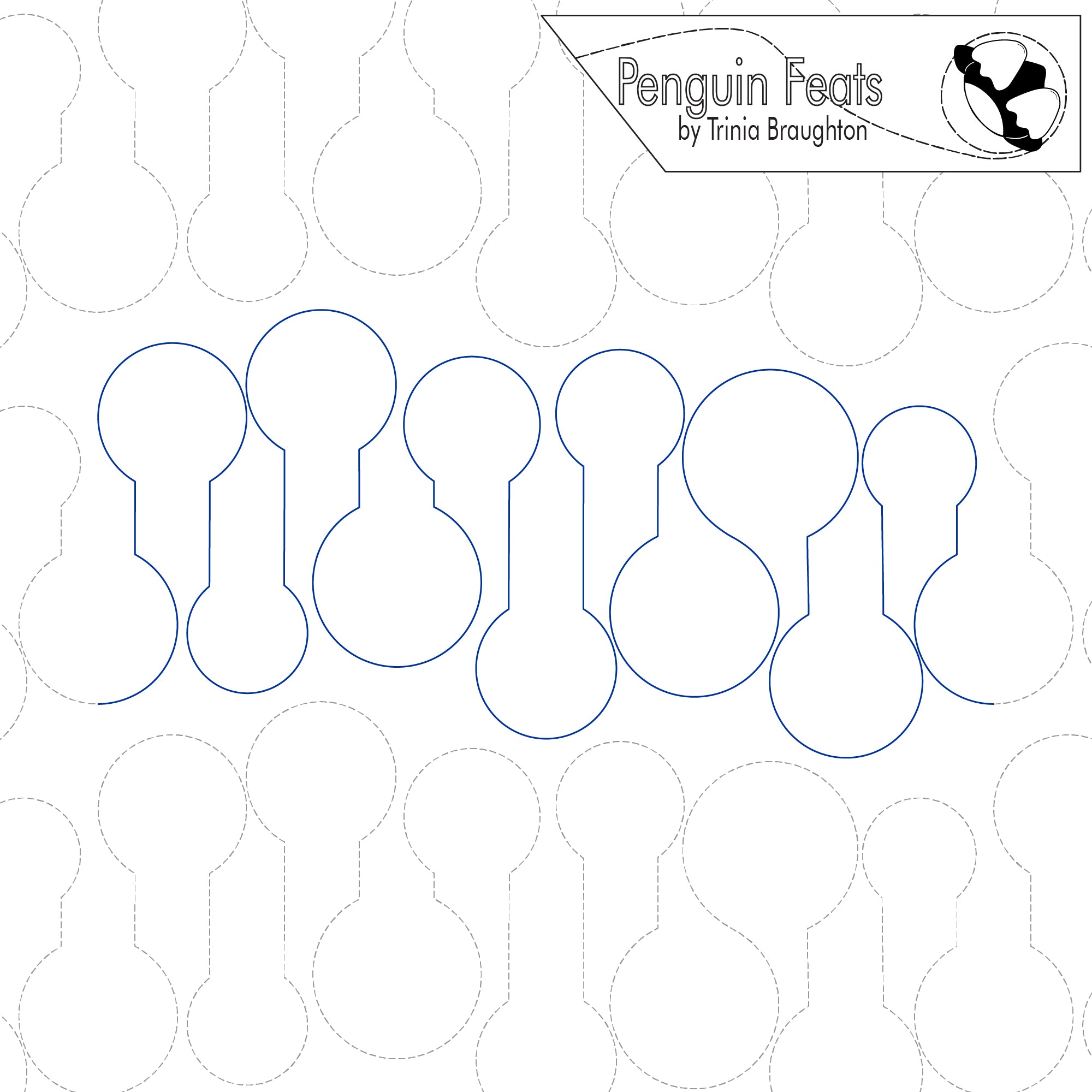 Pattern of overlapping keyhole designs with 'Penguin Feats' branding at the top.