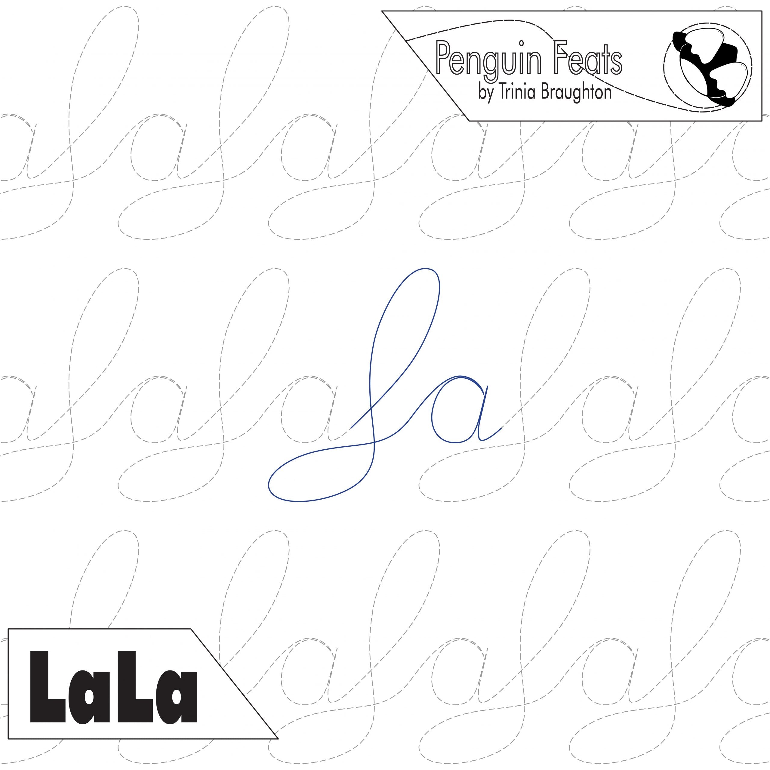 Text with 'Penguin Feats' and 'LaLa' branding on a white background