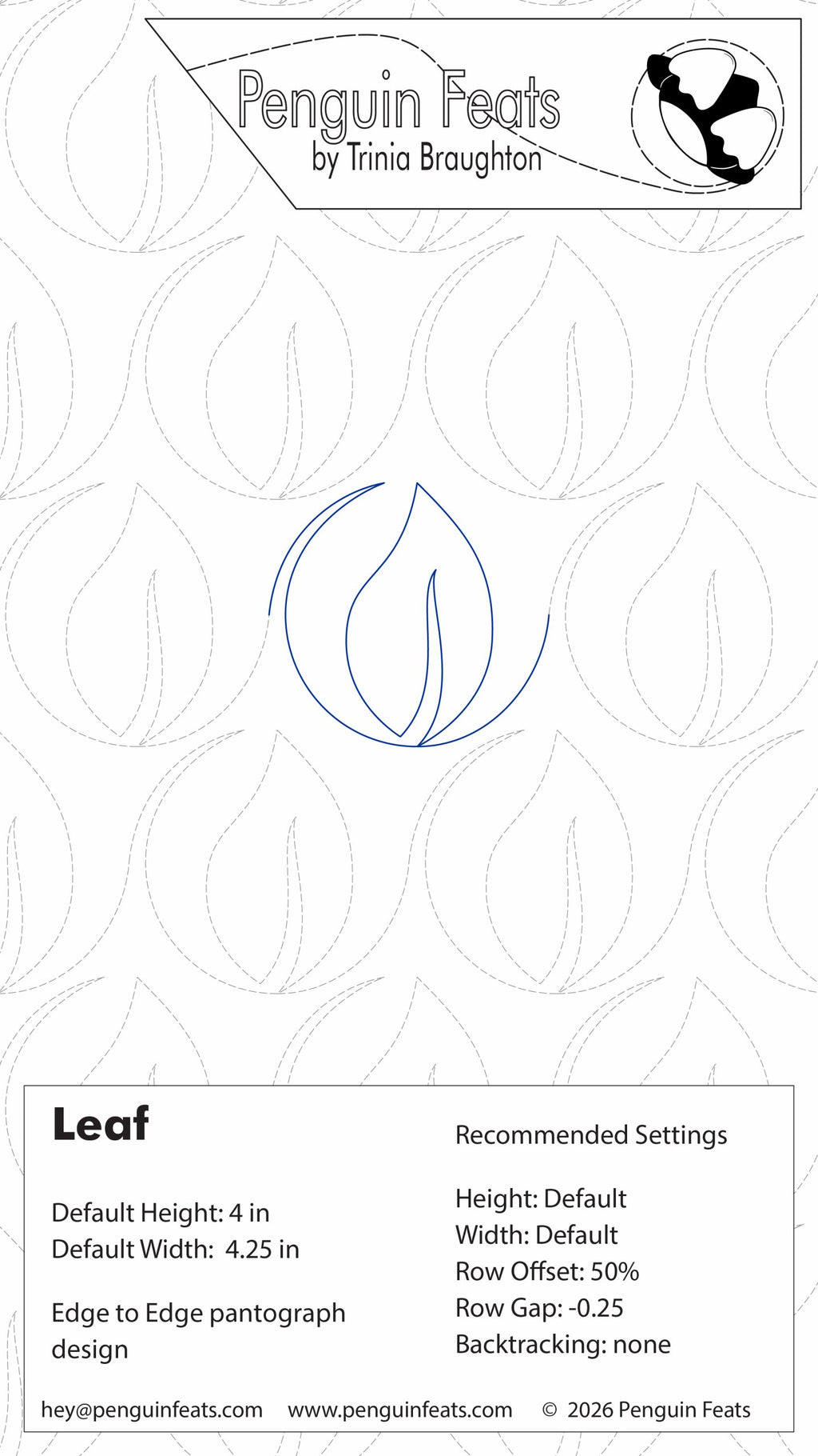 Design sheet for a leaf with guidelines and Penguin Feats by Trinia Braughton branding at the top.