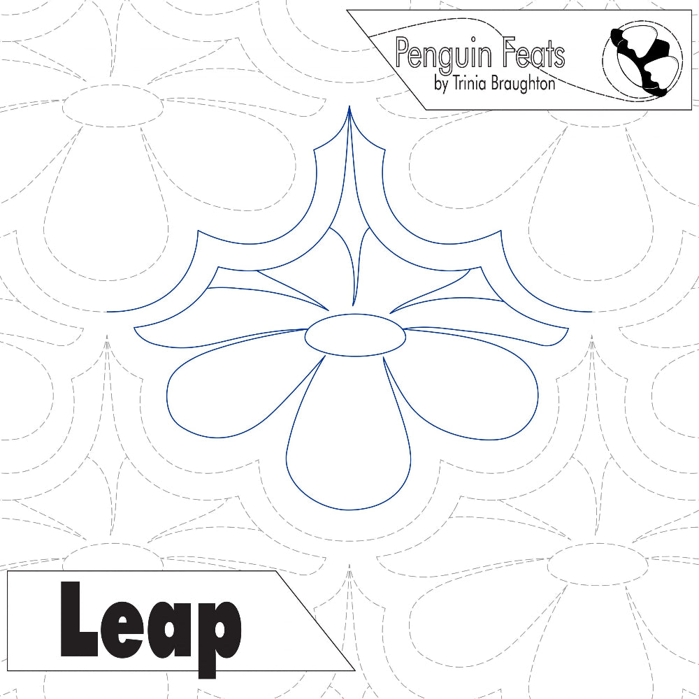 longarm quilting design of continuous line flower repeated with 'Penguin Feats' branding and 'Leap' text on a white background.