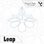 longarm quilting design of continuous line flower repeated with 'Penguin Feats' branding and 'Leap' text on a white background.