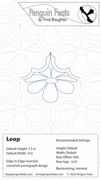 Quilting design with a blue floral design on a white background, featuring 'Penguin Feats' branding.