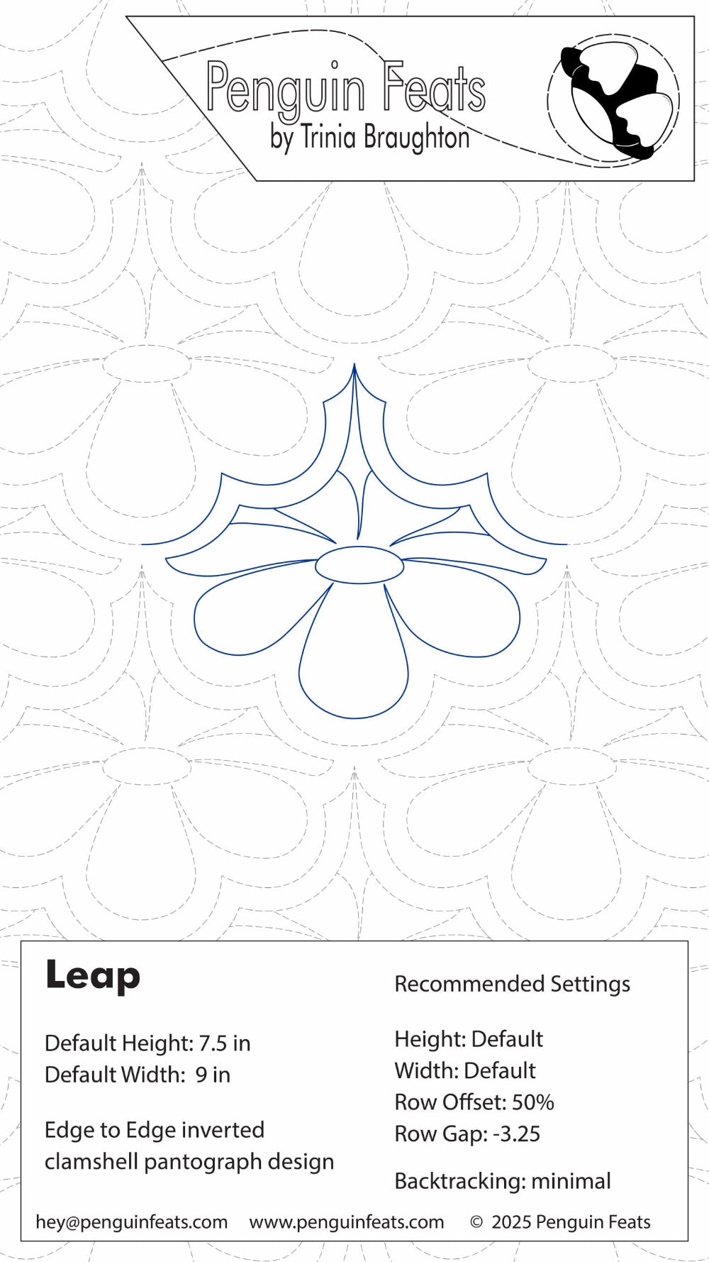 Quilting design with a blue floral design on a white background, featuring 'Penguin Feats' branding.