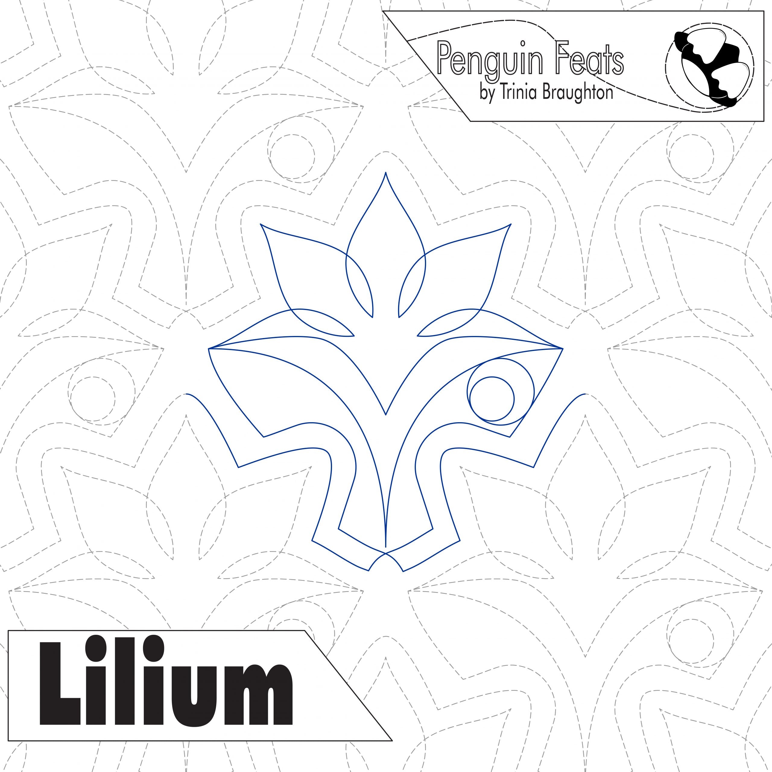 Design of a flower-like shape with 'Lilium' branding on a patterned background
