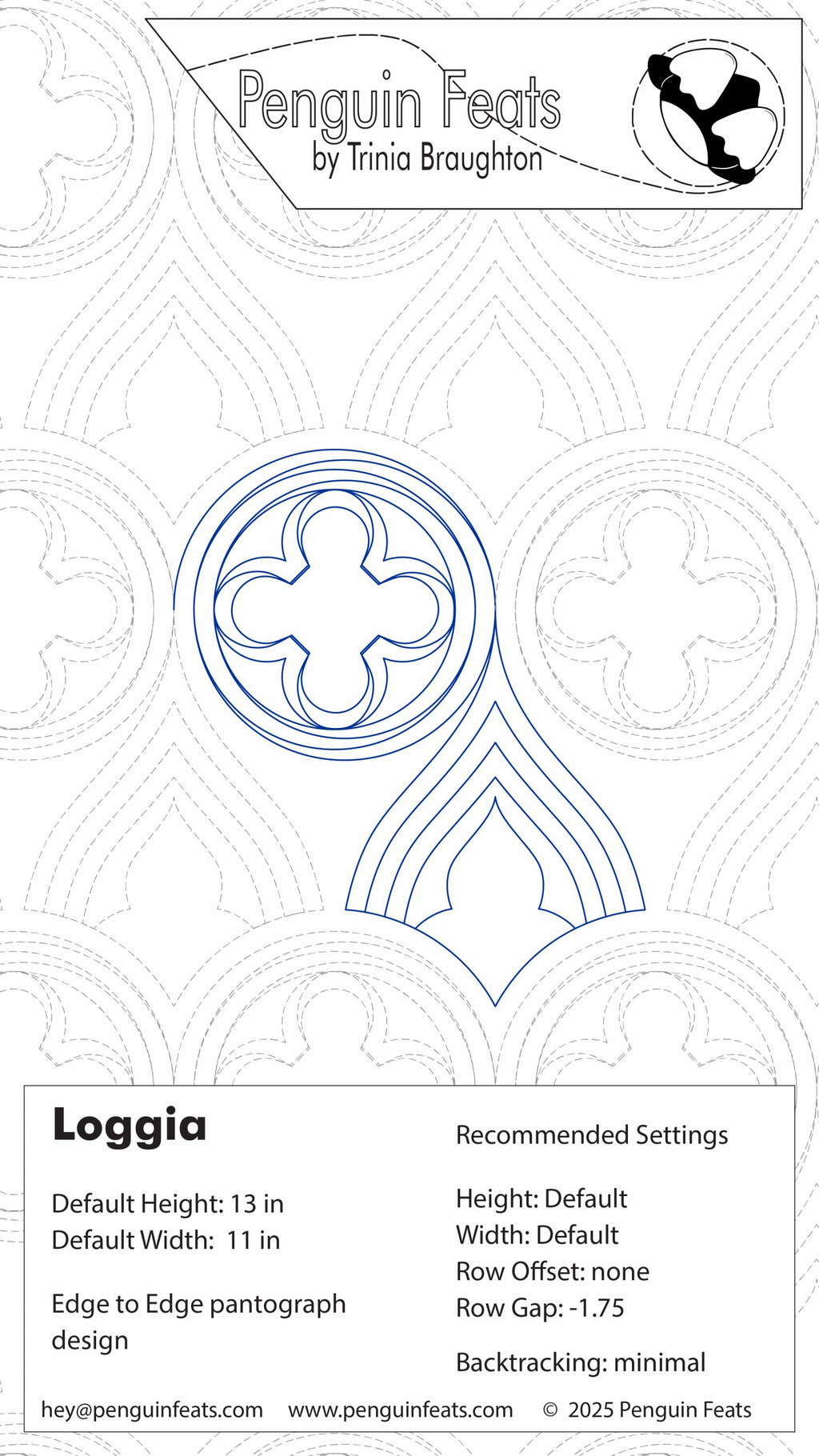 Design sheet for 'Loggia' pattern with settings and branding  from Penguin Feats.