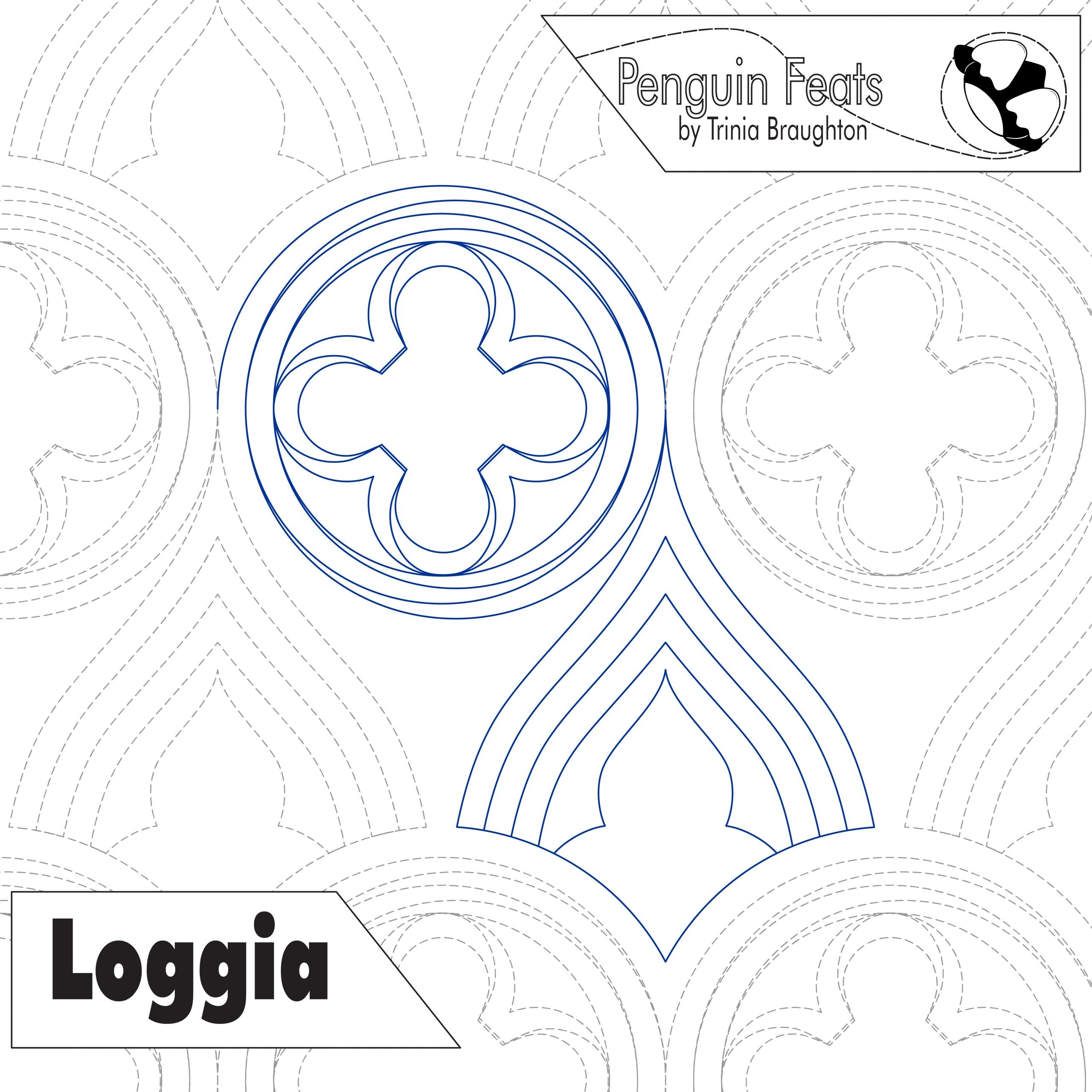 Quilting design with geometric patterns and 'Penguin Feats' branding.