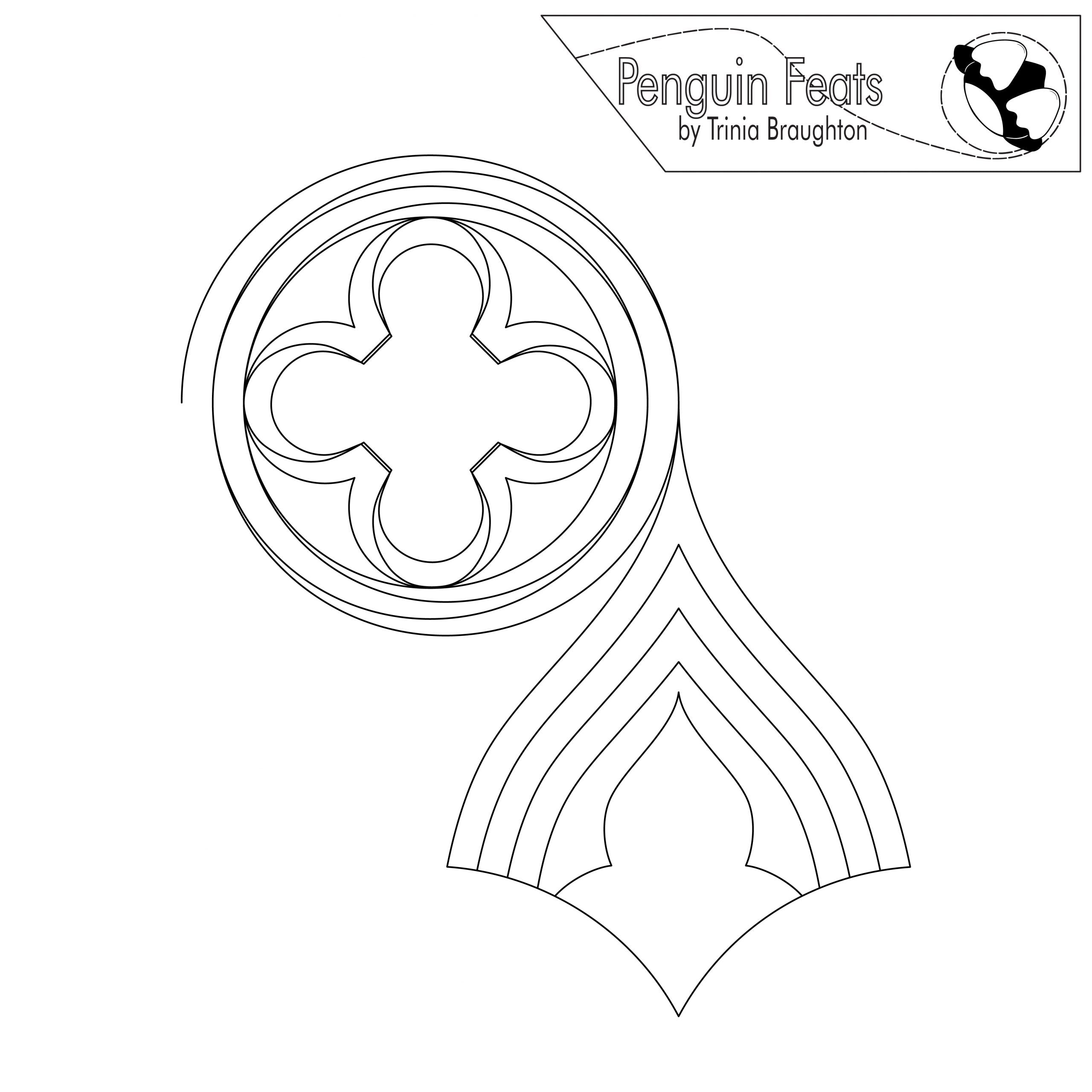 Decorative design with geometric patterns on a white background, featuring the 'Penguin Feats' logo.