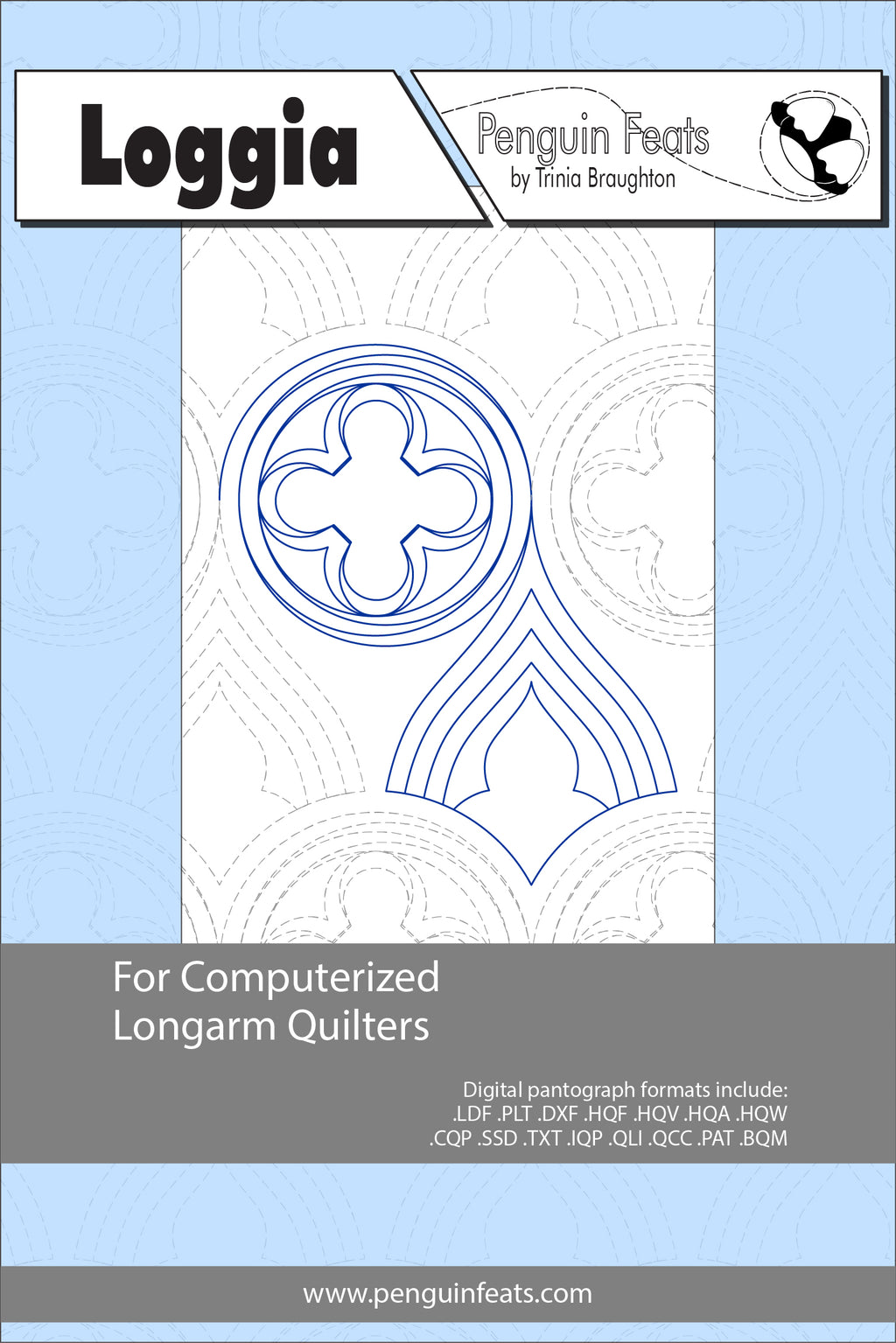 Pattern for computerized longarm quilters with a blue geometric design on a white background.