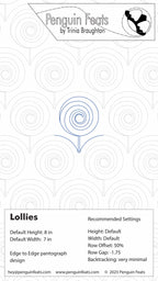 Design sheet for 'Lollies' with recommended settings and branding information.
