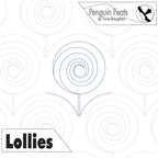 Continuous line design of lollipops with concentric circles and text 'Penguin Feats by Trinia Braughton' and 'Lollies'.