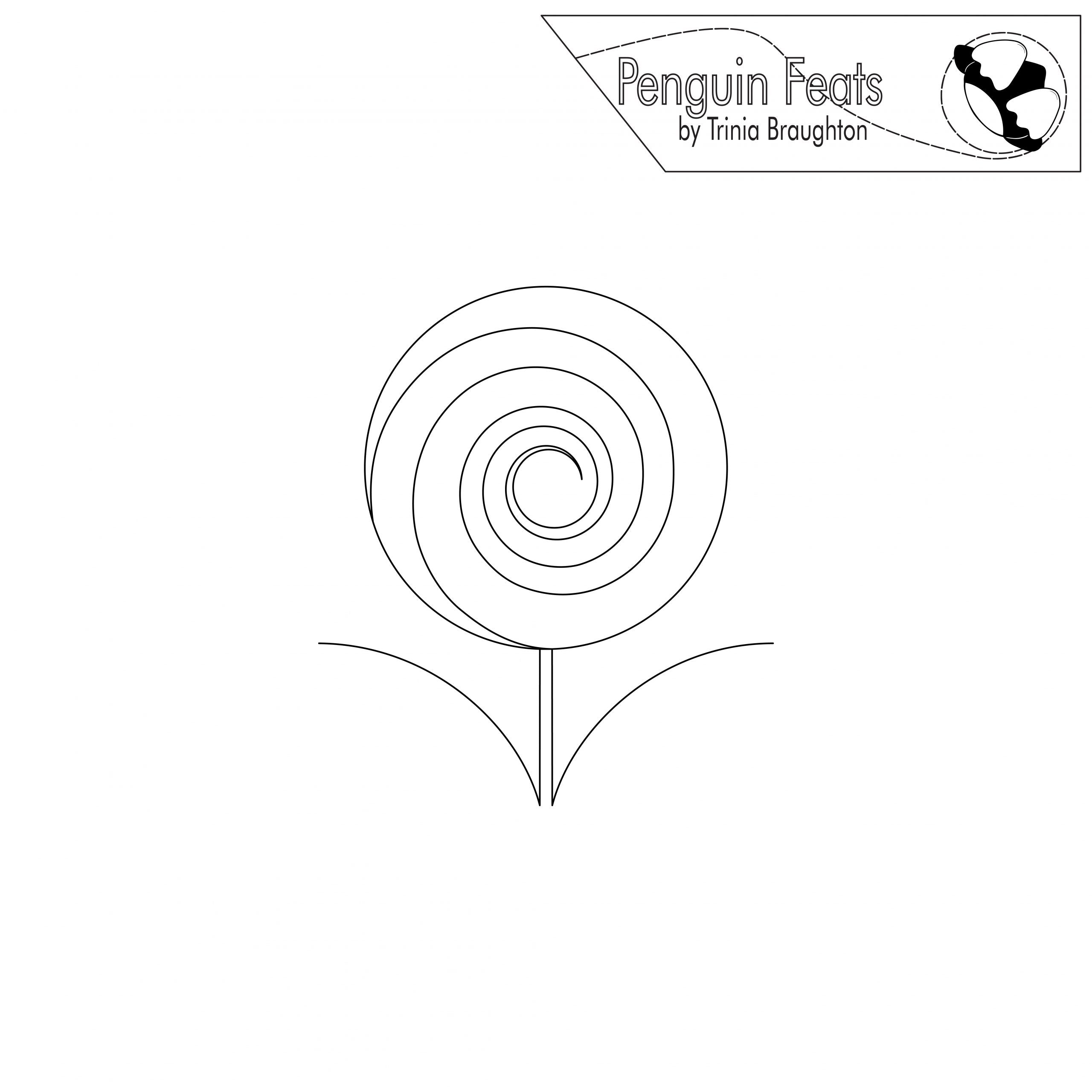 Black continuous line drawing of a lollipop with 'Penguin Feats by Trinia Braughton' logo above.