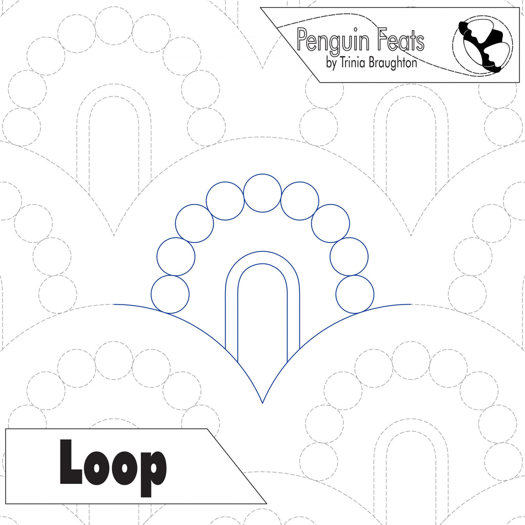Quilting design with 'Loop' pattern and 'Penguin Feats' branding.