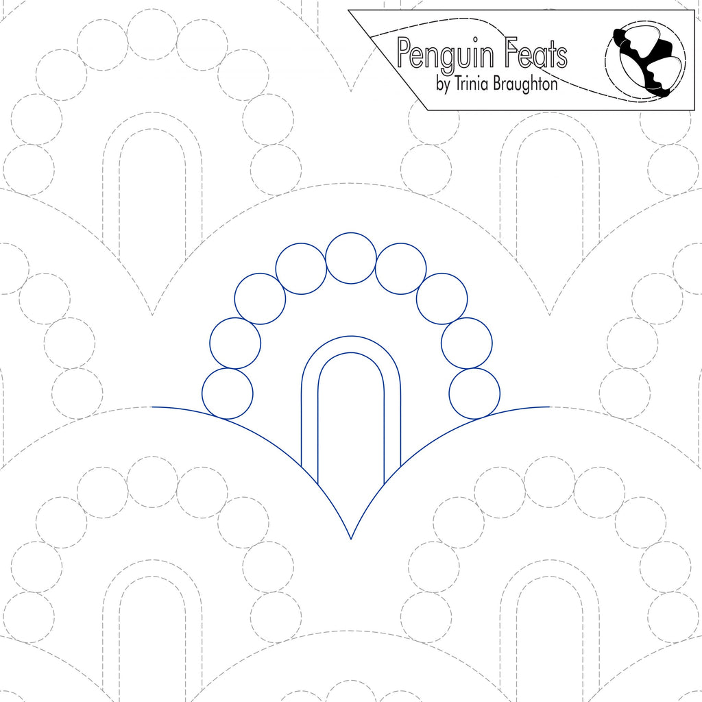 Quilting design with circular patterns and 'Penguin Feats' branding.