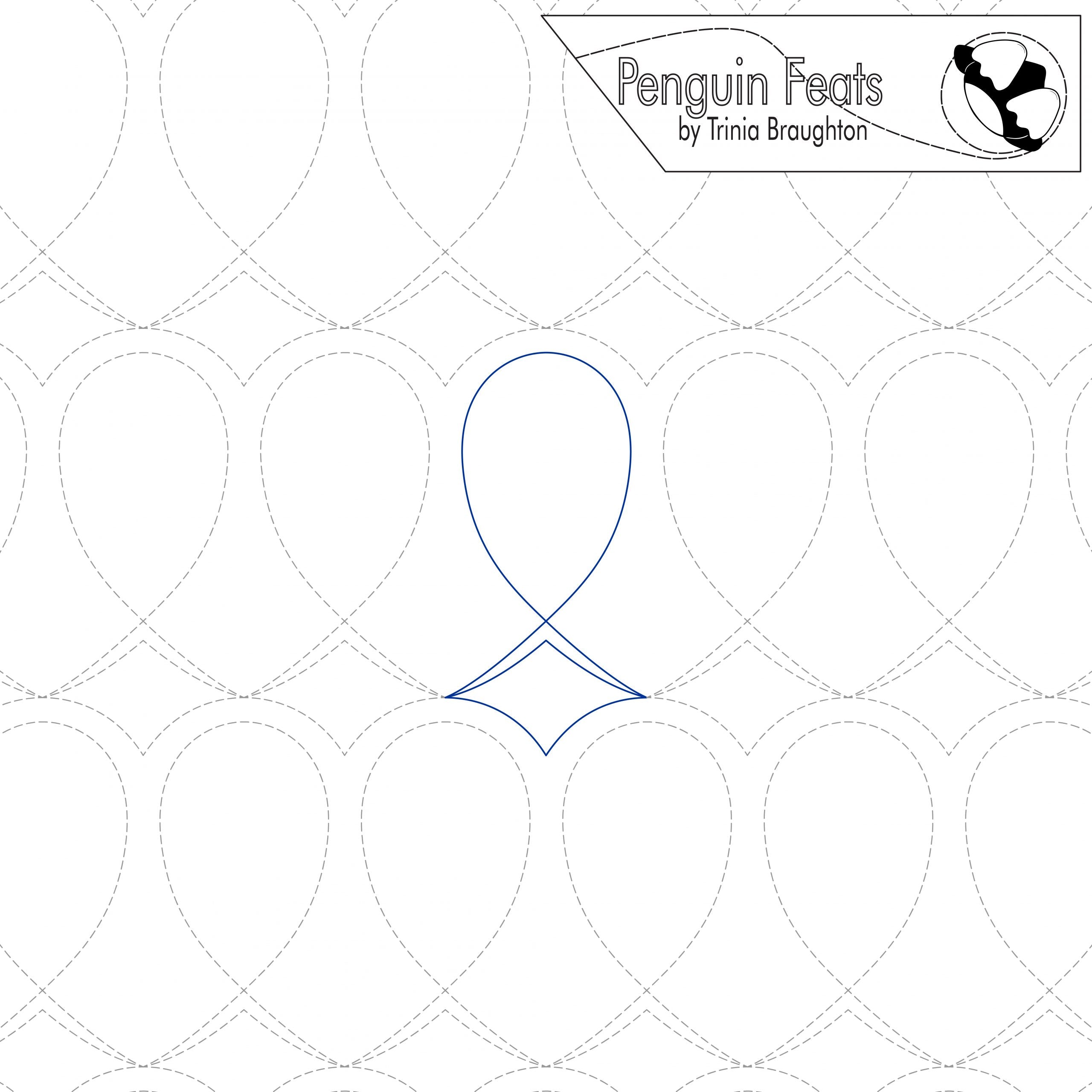 Pattern design with blue curved line on a white background, featuring 'Penguin Feats' by Trinia Braughton.