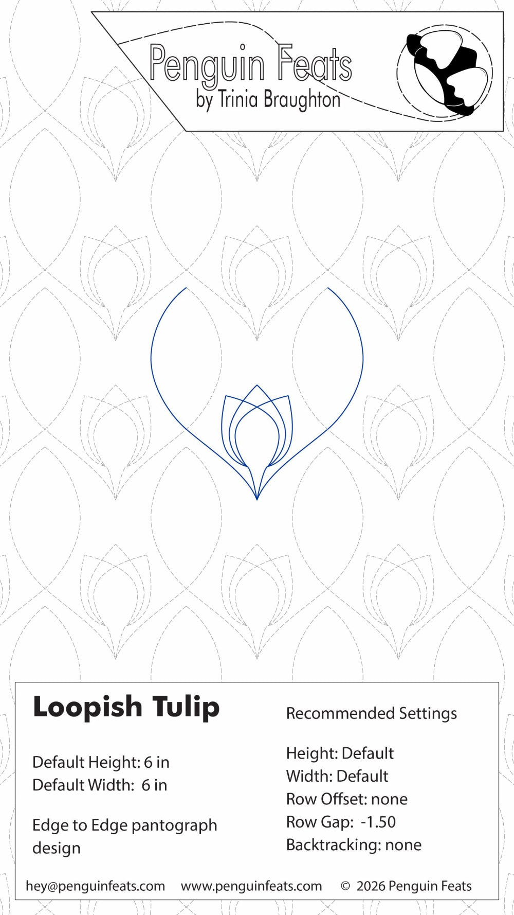 Design of a Loopish Tulip with recommended settings on a white background, featuring the brand 'Penguin Feats' at the top.