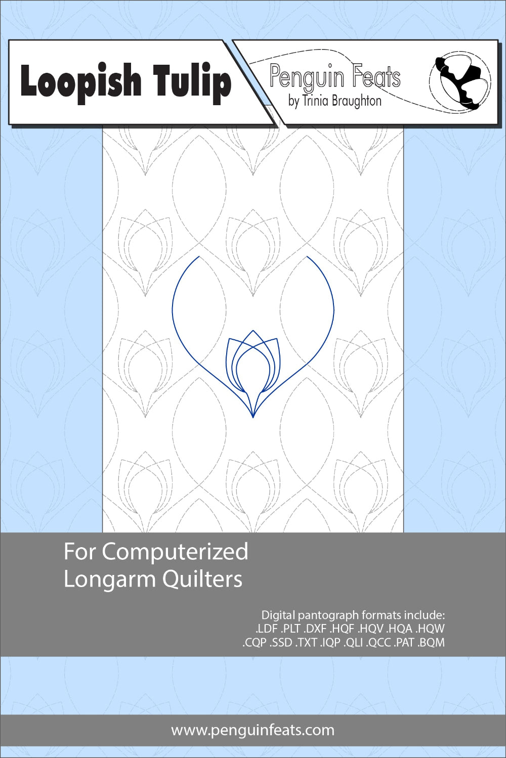 Pattern sheet for computerized longarm quilters with a blue tulip design on a light blue background.