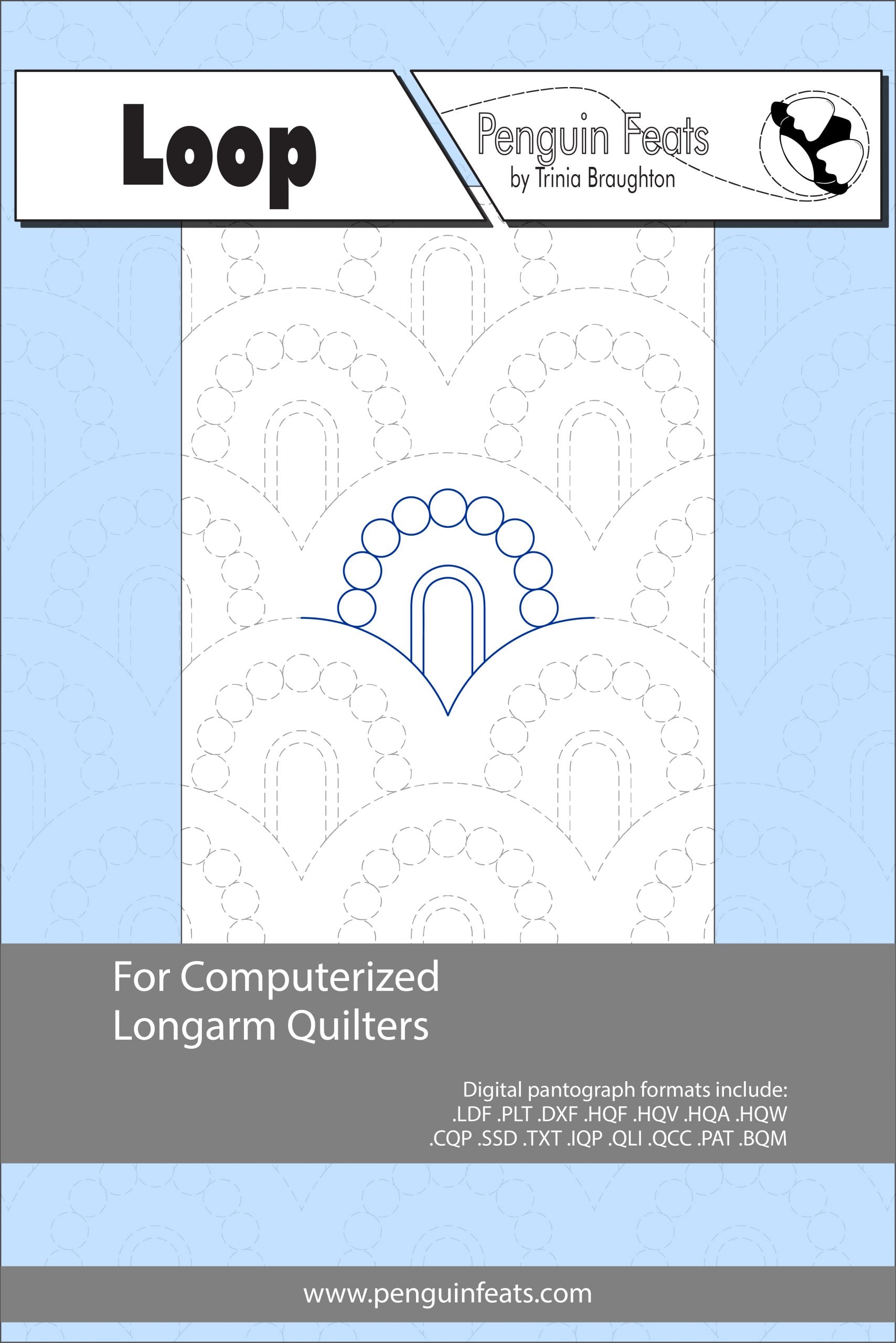 Design for computerized longarm quilters with a blue and gray border on a light blue background.