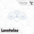 Design with heart and swirl patterns and 'Penguin Feats' branding on a white background