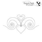 Decorative design with hearts and swirls on a white background, featuring the 'Penguin Feats' logo.