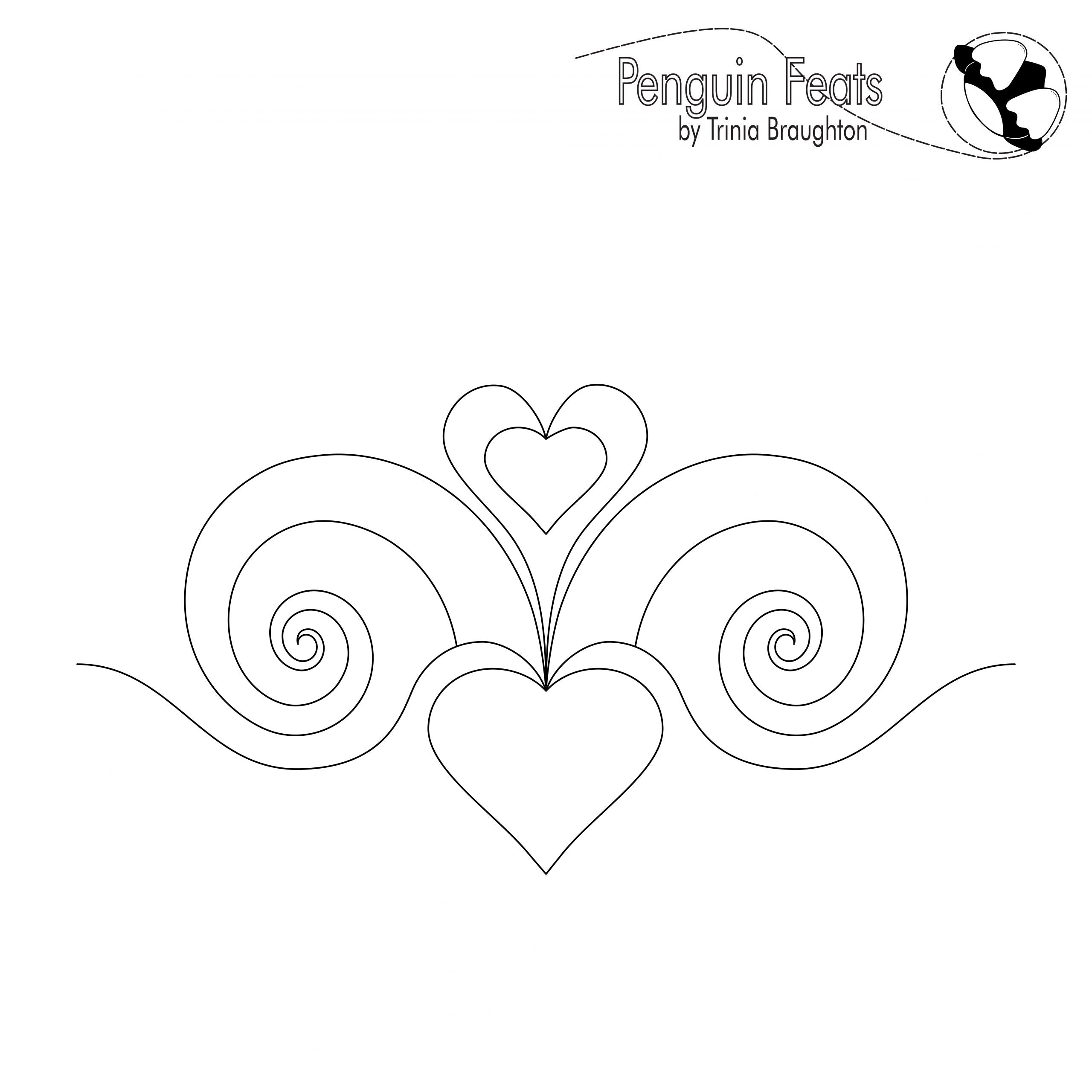 Decorative design with hearts and swirls on a white background, featuring the 'Penguin Feats' logo.