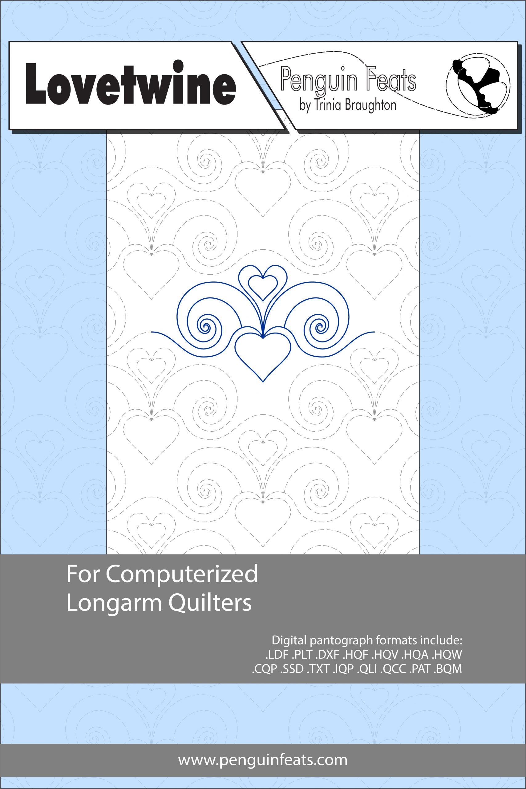 Design pattern for computerized longarm quilters with heart and swirl pattern on a white background.