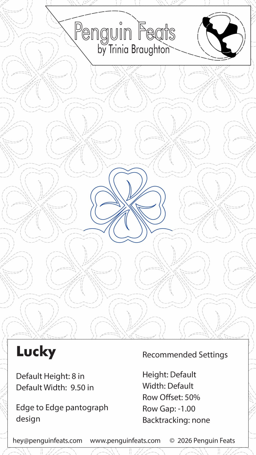 Quilting design information for 'Lucky' by Trinia Braughton with recommended settings on a white background.