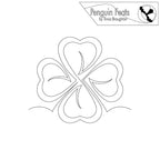 Continuous line in black of four-leaf clover design on a white background with 'Penguin Feats' branding.