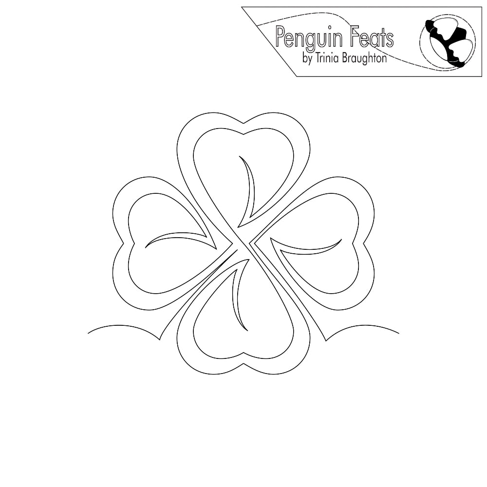 Continuous line in black of four-leaf clover design on a white background with 'Penguin Feats' branding.