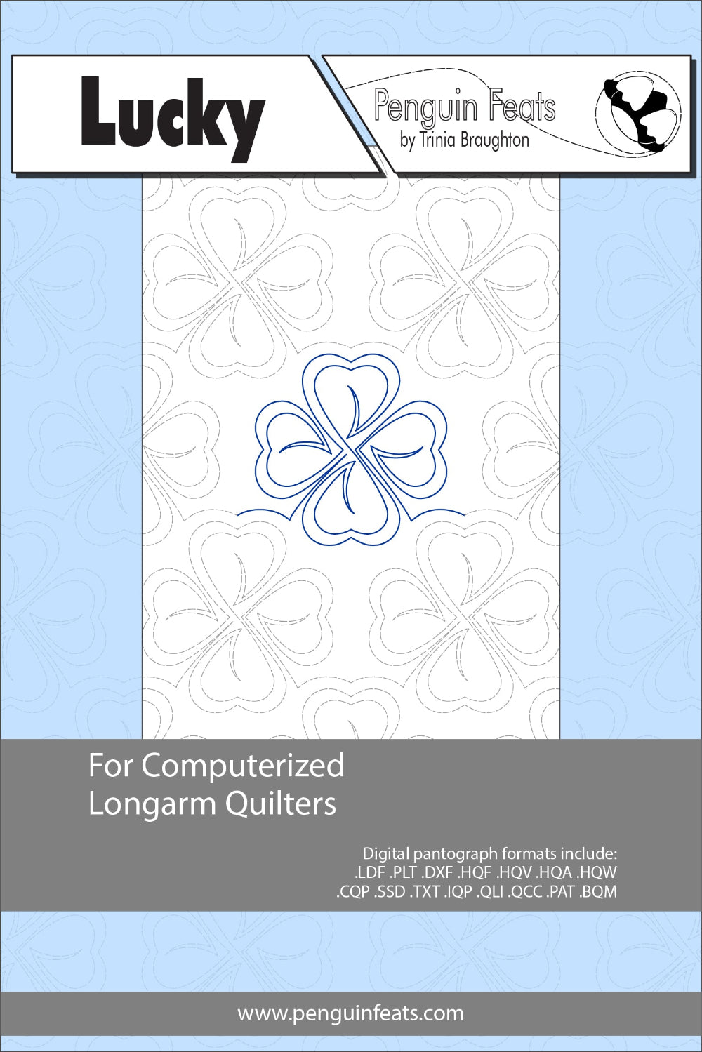 Pattern sheet for computerized longarm quilting design Lucky with a blue and white design on a light blue background.