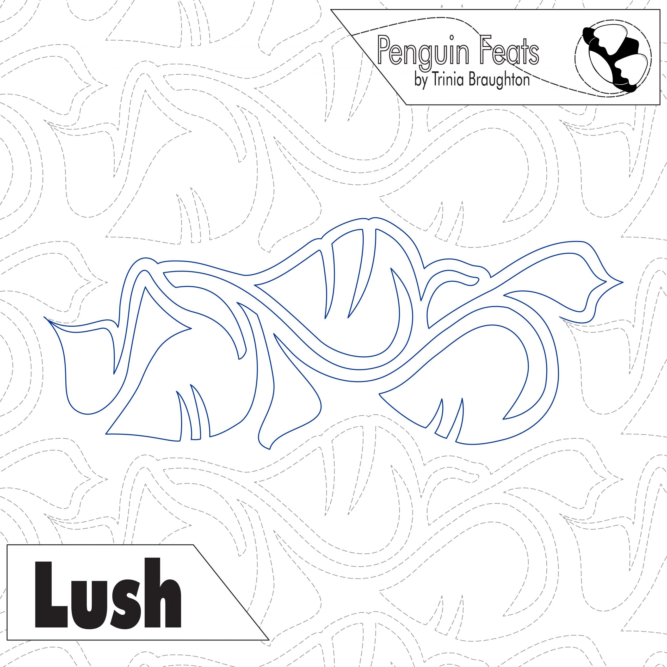 Outline of leaves with 'Penguin Feats' and 'Lush' text on a repeated pattern background