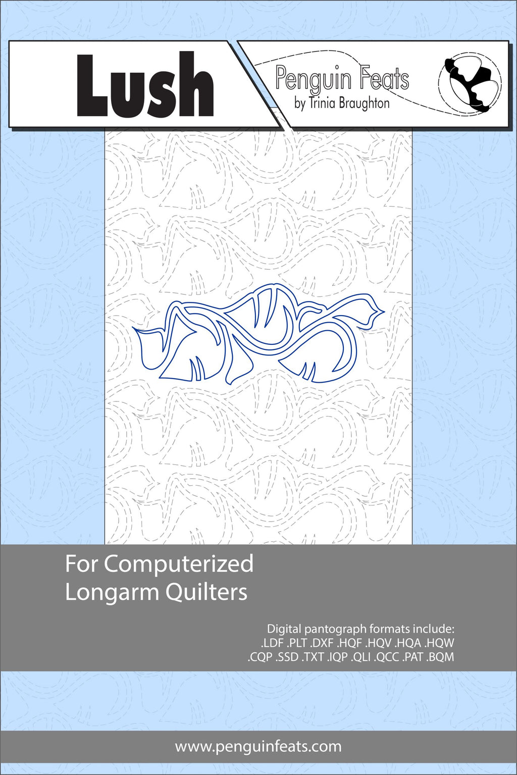 Design sheet for computerized longarm quilters with 'Lush' branding and product details.